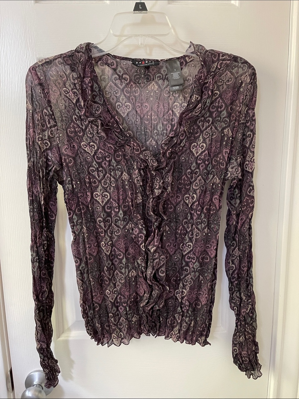 Axcess Purple Patterned Ruffle V-Neck Long Sleeve Top